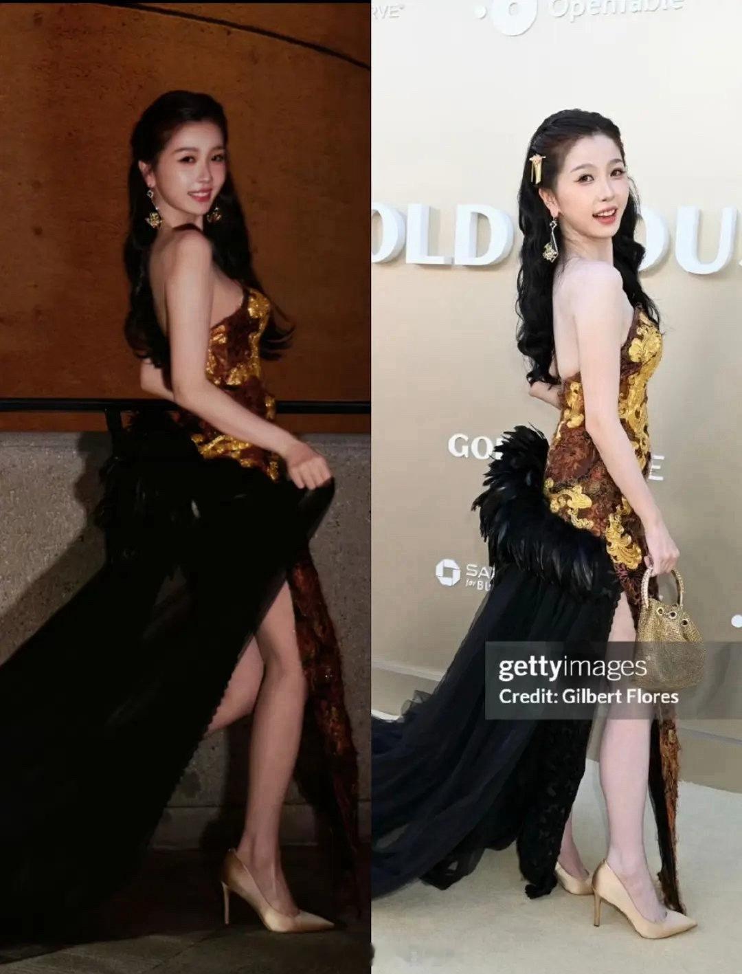 虞书欣同角度红毯生图VS精修图对比，是不是比例不太一样了