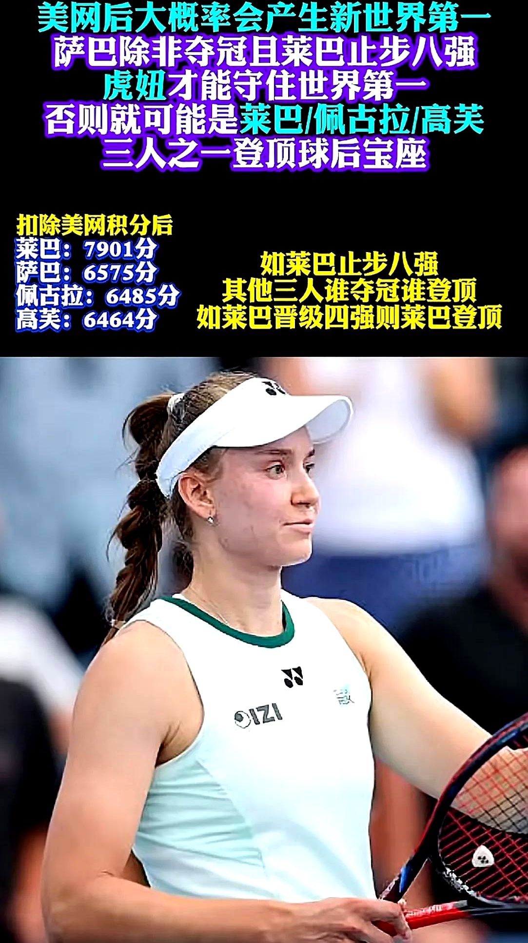 手里攥着澳网和年终总决赛两座奖杯，莱巴金娜离世界第一就差那么一口气。年初澳网硬生生拿下2000分，2