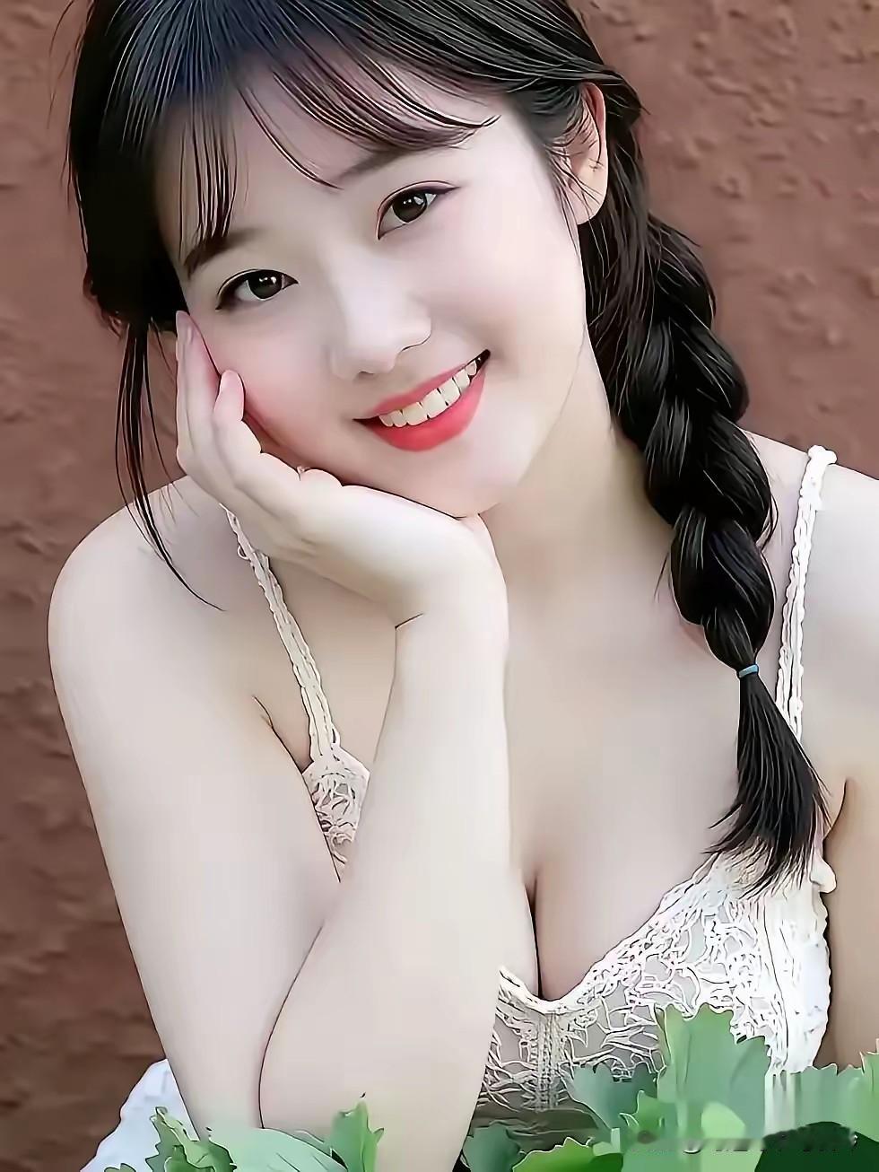 赏美有感如花似玉面含笑，手托香腮韵更娇。黑发如绸垂似瀑，麻花辫绕显纤腰