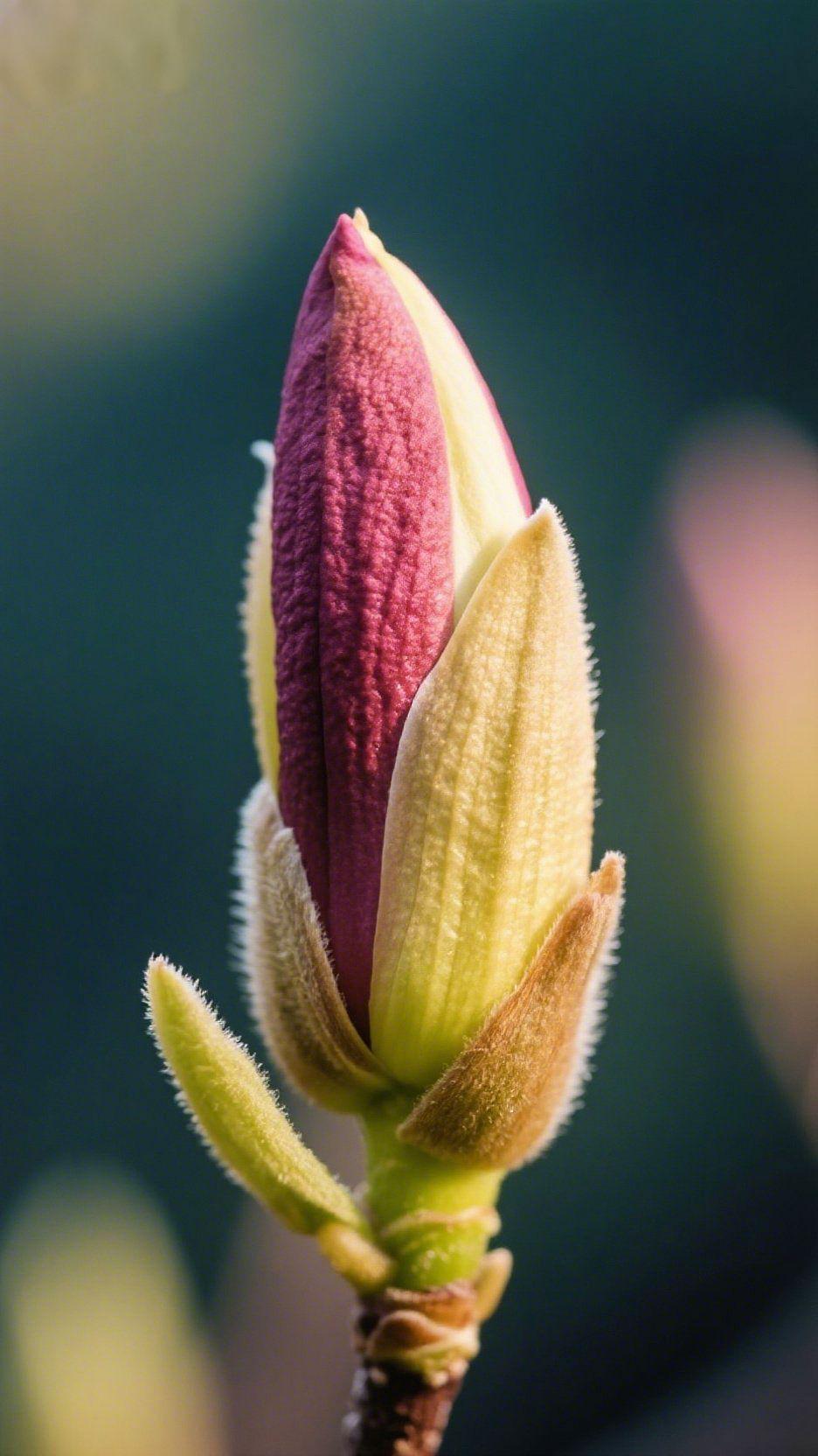 紫苞凝翠待春芳紫粉的瓣被嫩黄的萼片轻裹，细密的绒毛在光里泛着绒绒的暖，玉兰