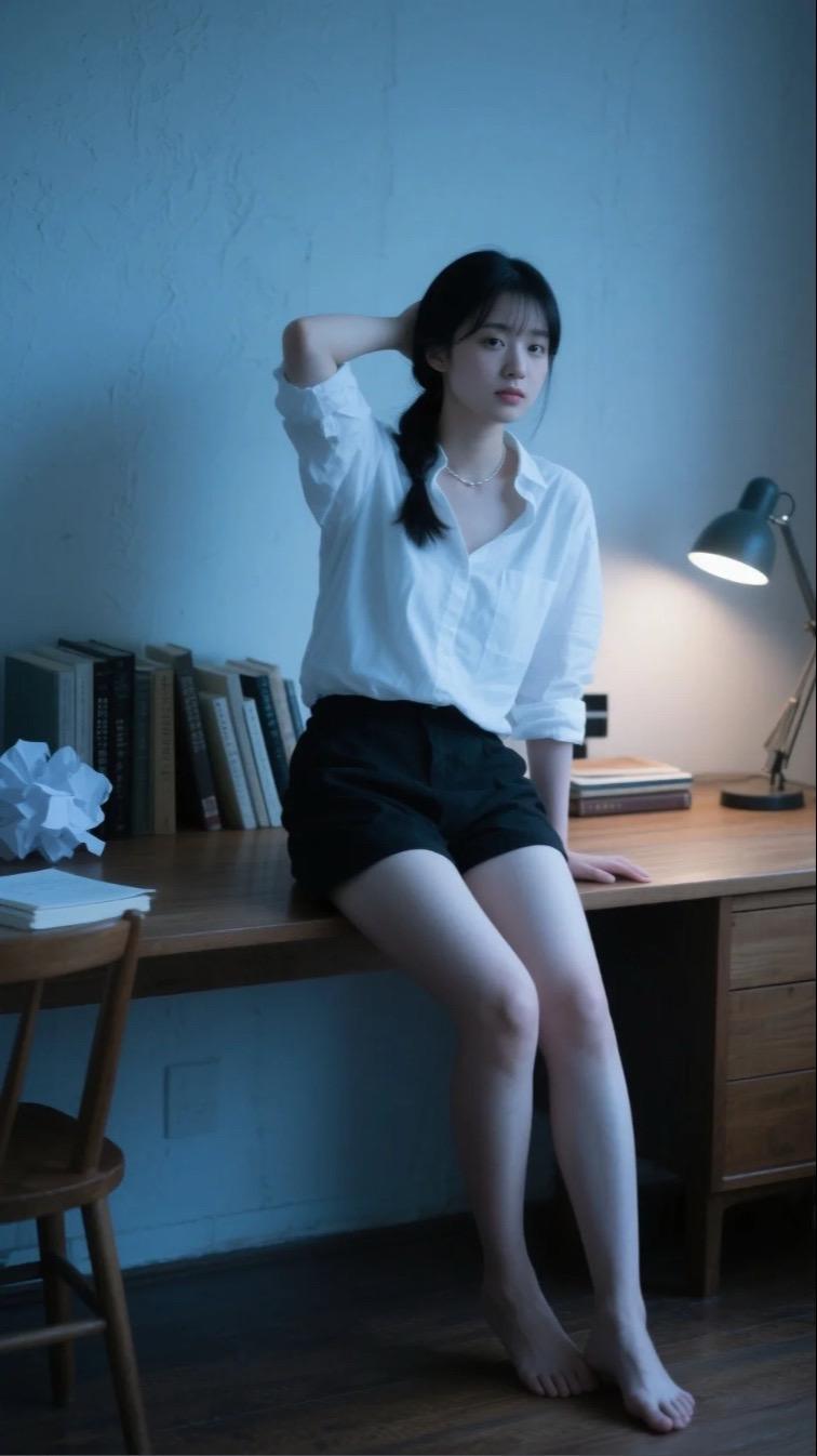 AI摄影：书桌前的美女。