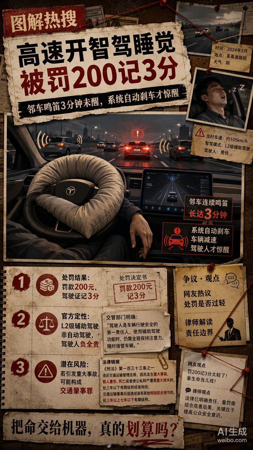 以后除非你坐进没有方向盘的车，你再睡觉。因为真的全自动驾驶，司机才不是责任人。而就算特斯拉那个车，目