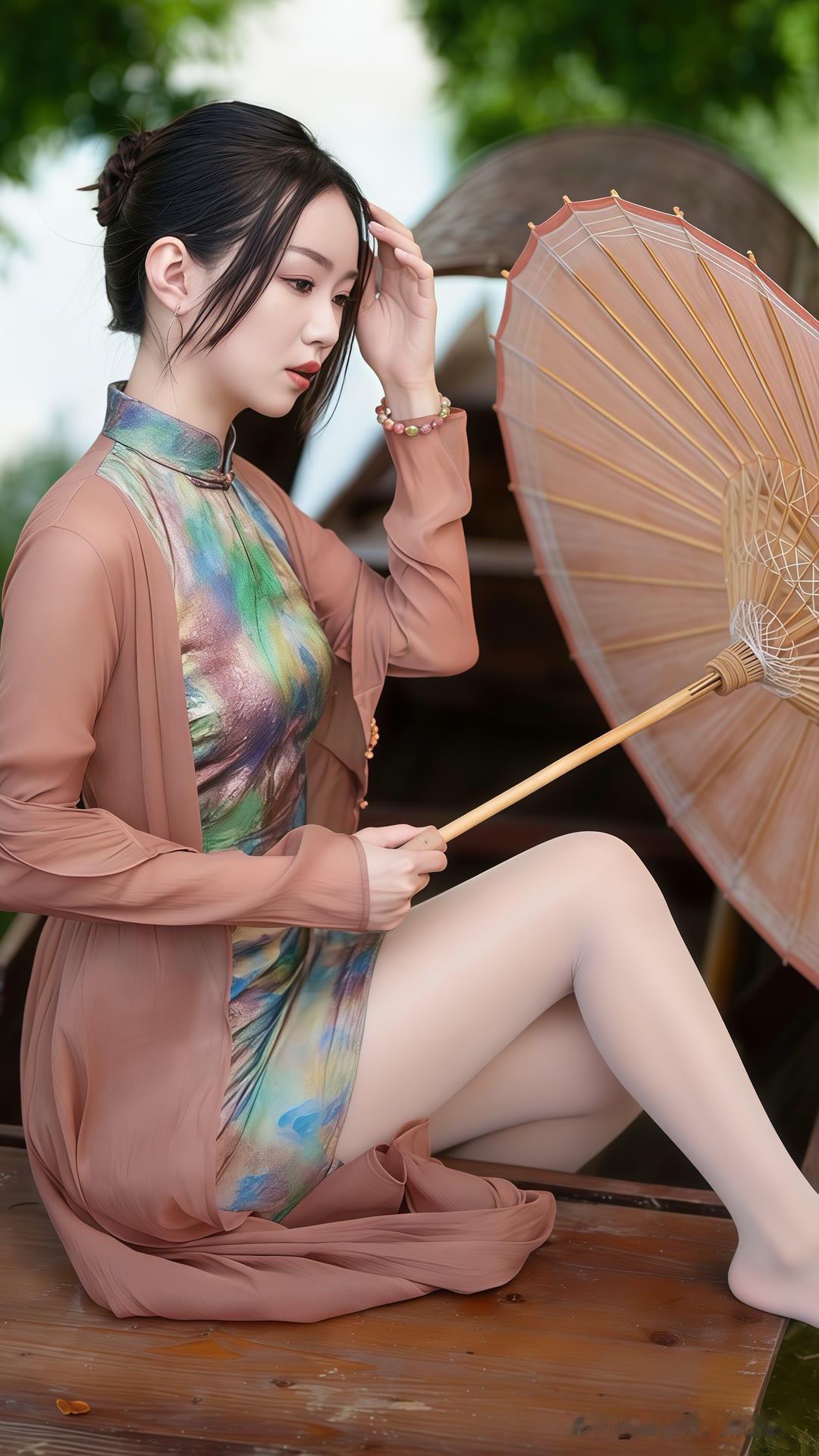 古风少女撑伞坐，静谧如画，韵味十足。旗袍