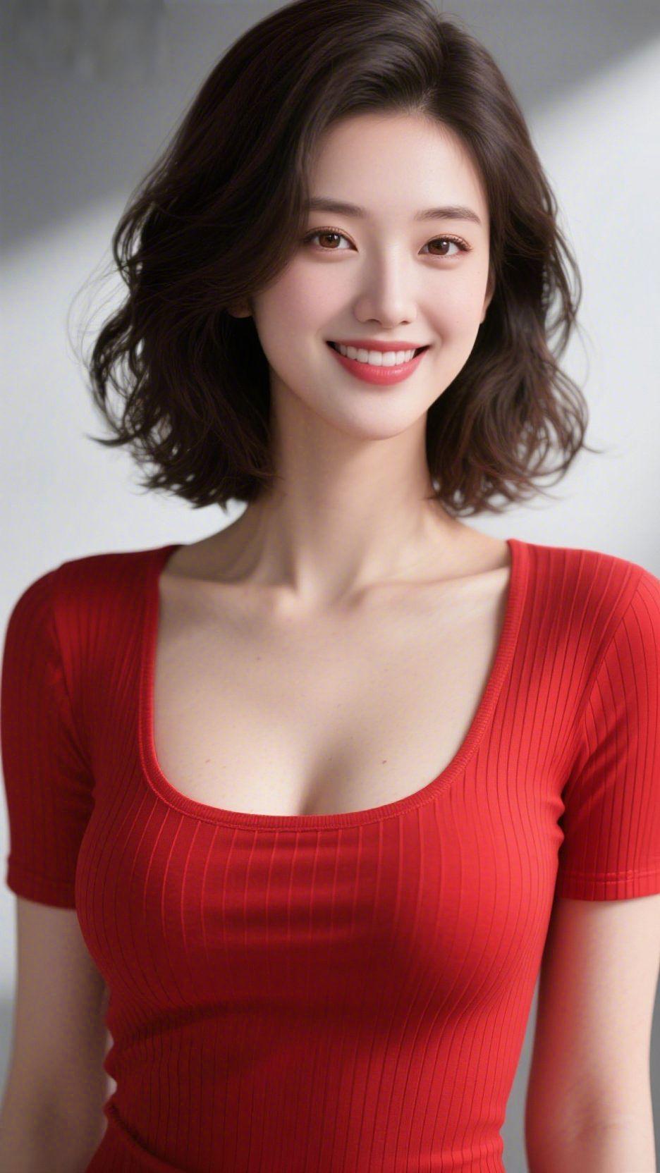 红衫映笑颜一抹红衫撞入浅灰的背景，像揉碎的人间甜意，裹着满溢的欢喜。她眉眼