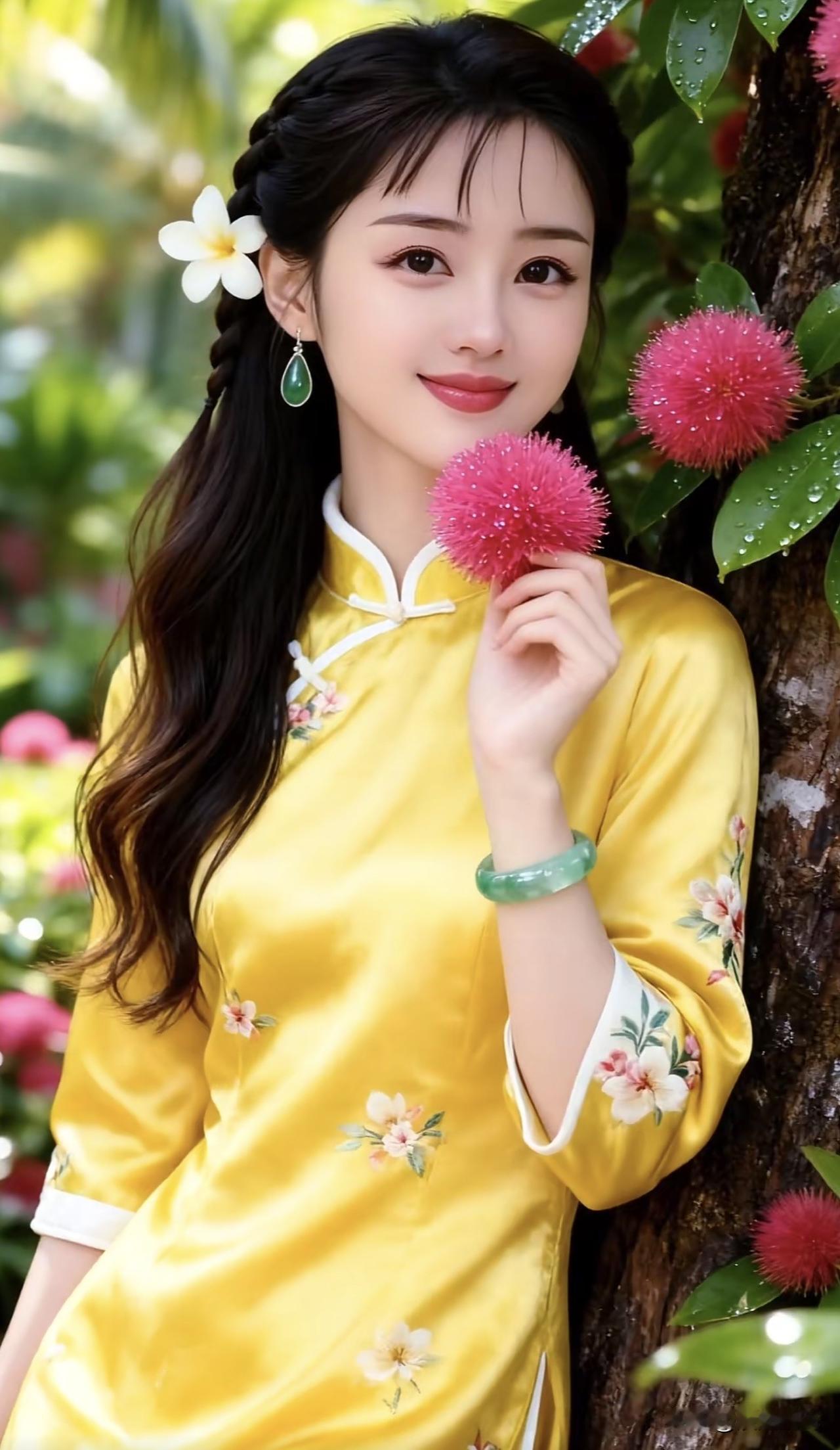 “春日花海中的温柔少女，一抹明黄色调，尽显东方古典美。”🌸💛🌸花海少女感
