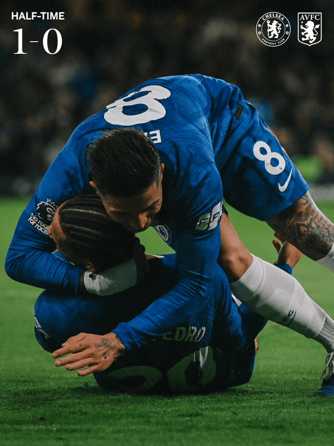 切尔西1-0维拉半场数据: 控球率71%-29%, 射门9-0, 角球1-0