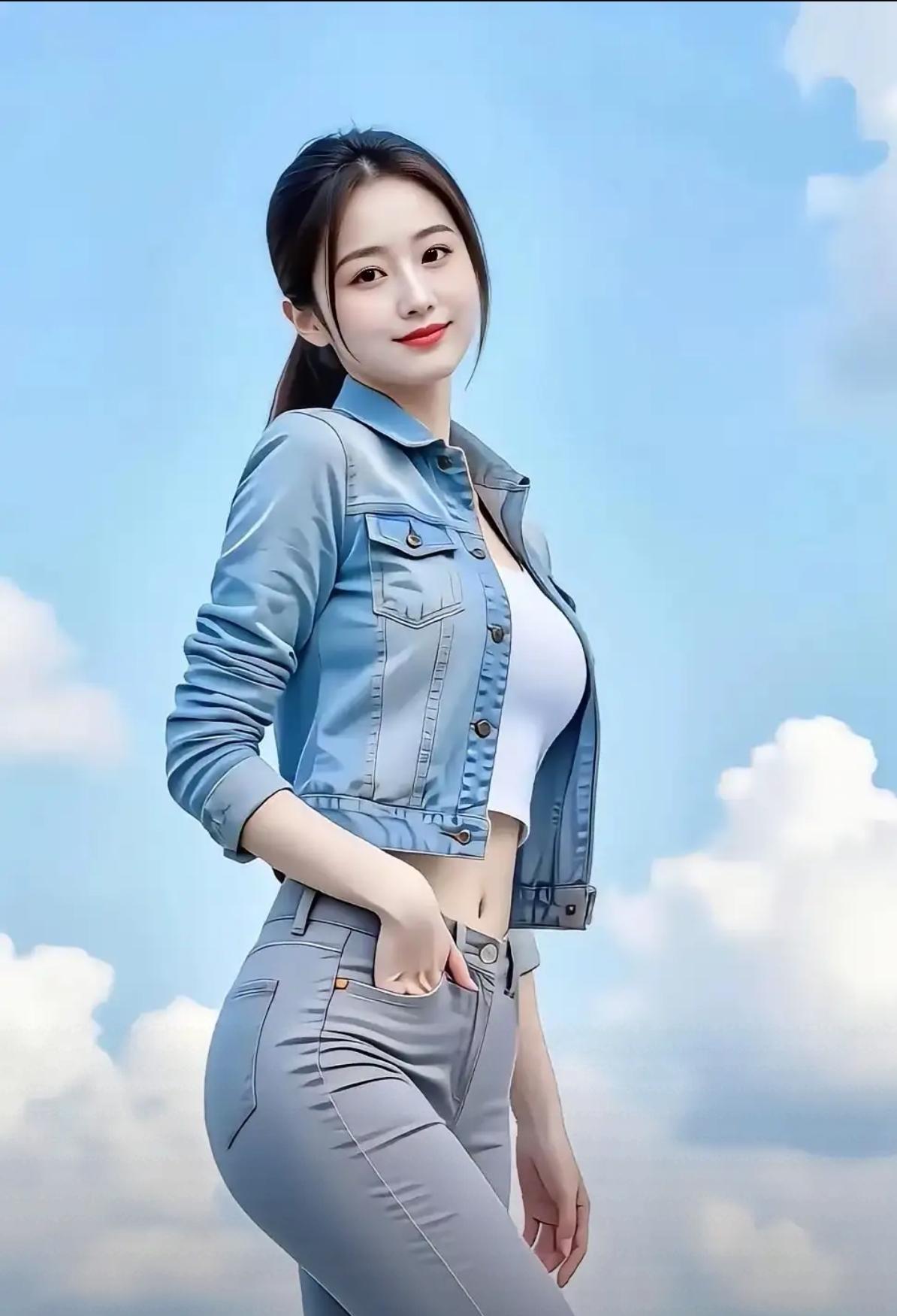 《时尚姑娘的魅力》这姑娘穿得真时尚，牛仔外套配白搭。走在街上那回头率杠杠的，