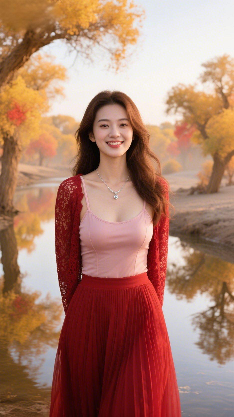 《秋岸红裙的柔暖》秋林将天色晕成金橙，河岸雾霭裹着树影，轻落她身侧——红裙