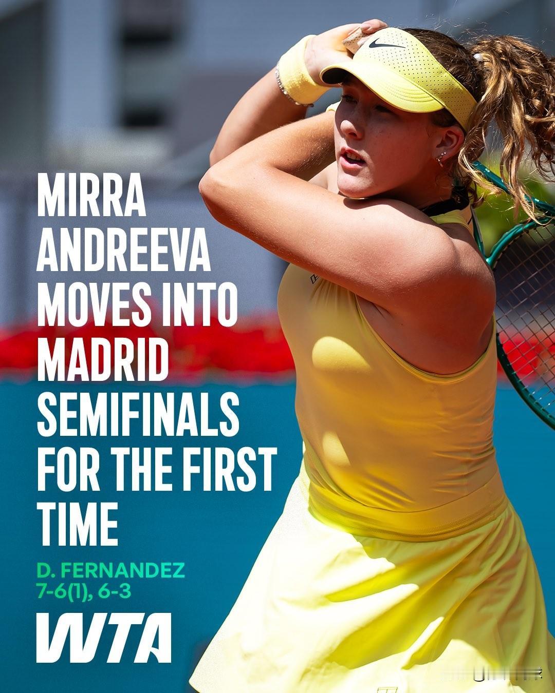 👇安德烈娃7-6/6-3费尔南德斯首次晋级马德里半决赛她将和萨巴伦卡和巴蒂