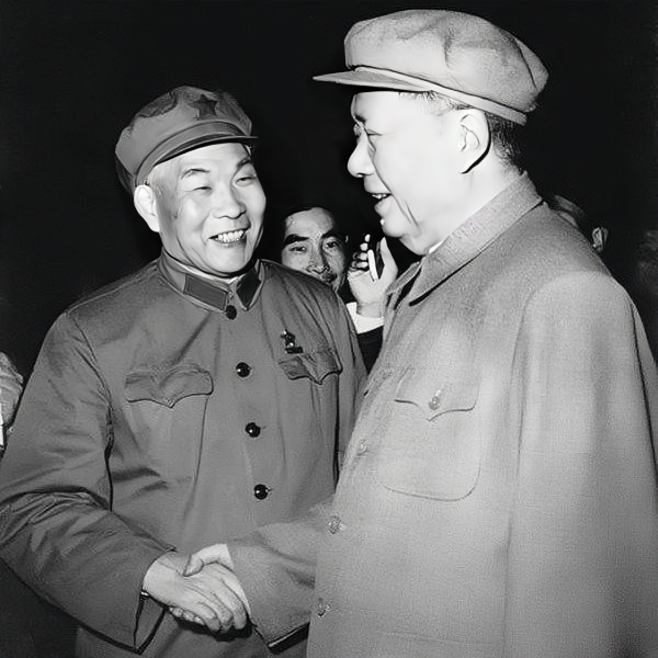 1968年，毛主席在天安门城楼上和肖劲光大将握手，并合影。毛主席还对李作鹏王宏坤