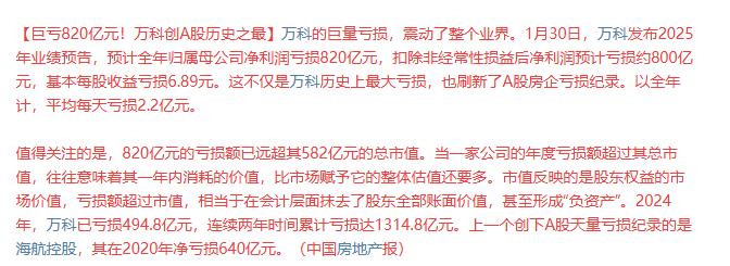 巨亏820亿！地产龙头万科取代海航控股成为A股地产亏损王！万科2025年亏损82