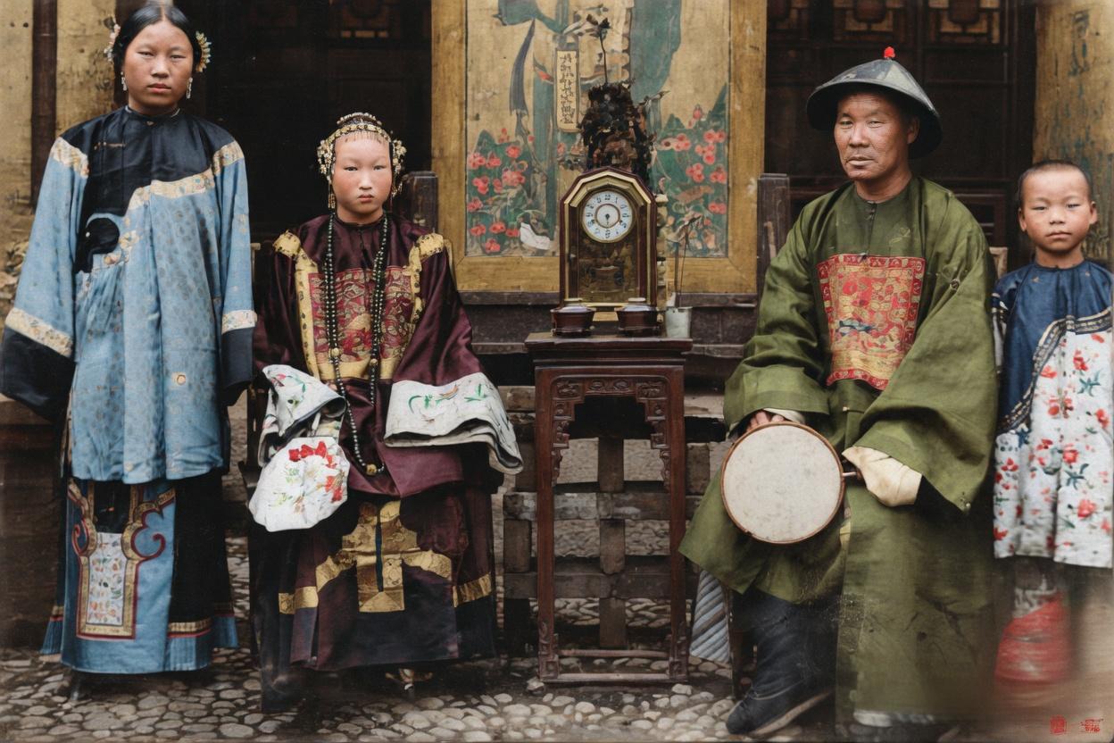 晚清，一户汉族官宦家庭的全家福，照片中的四人，以严格的座次、服饰、姿态，完美复刻