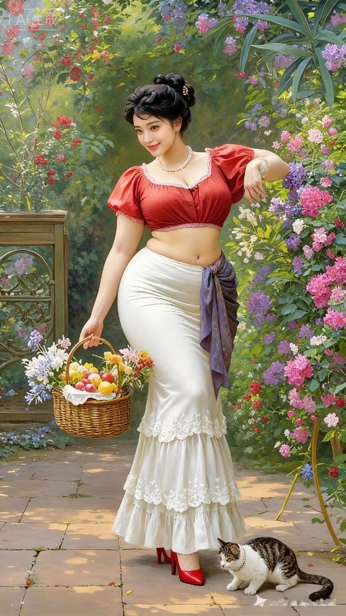 优雅复古风，花丛中的美丽女子与猫咪相伴猫系少女照猫系美女猫系少女写真