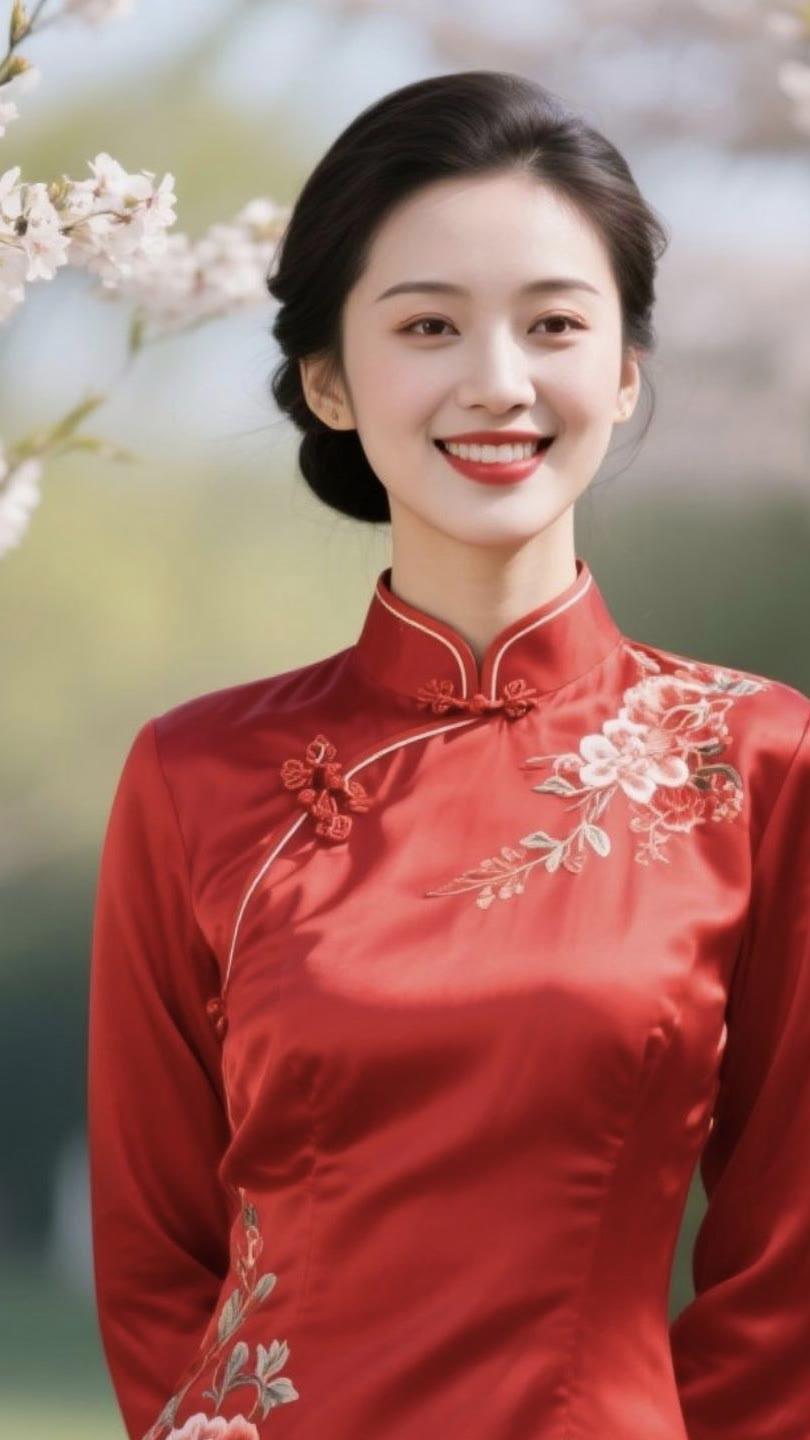 穿红旗袍的姑娘在花丛中微笑。
