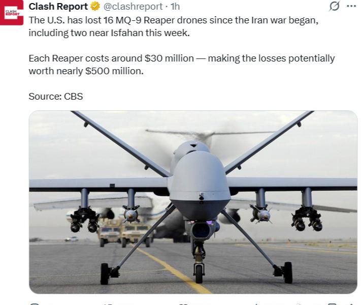 美国已经损失16架死神无人机！从2月28日到4月3日，16架MQ9死神无人机