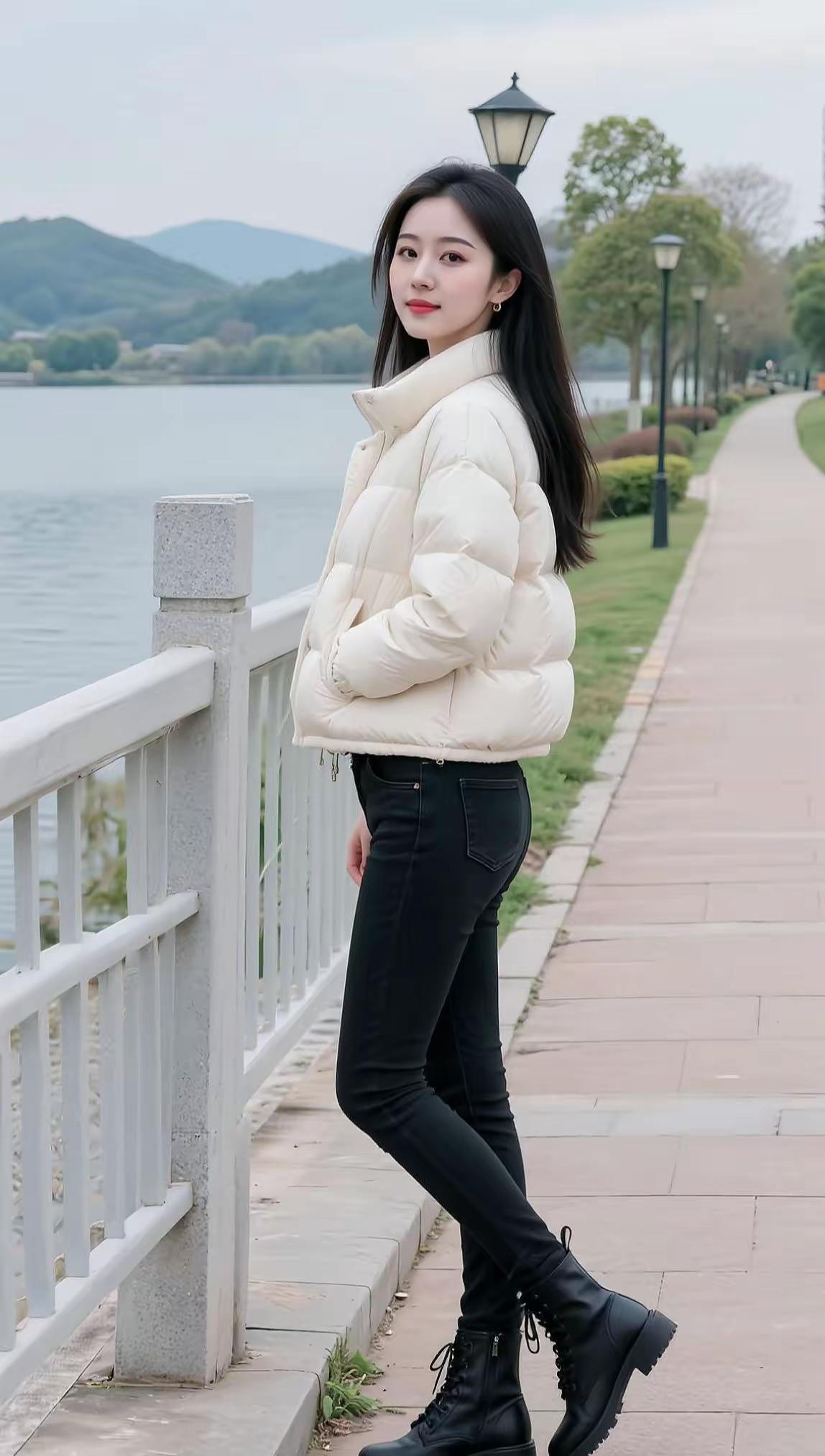 冬日穿搭指南：白色羽绒服+黑色牛仔裤+黑色靴子，温暖又时尚！