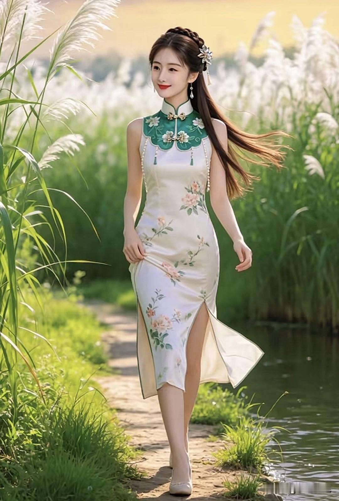 夏日清新，旗袍漫步在花海间🌸🌿旗袍烟雨景旗袍庭院照旗袍风景旗袍庭院照