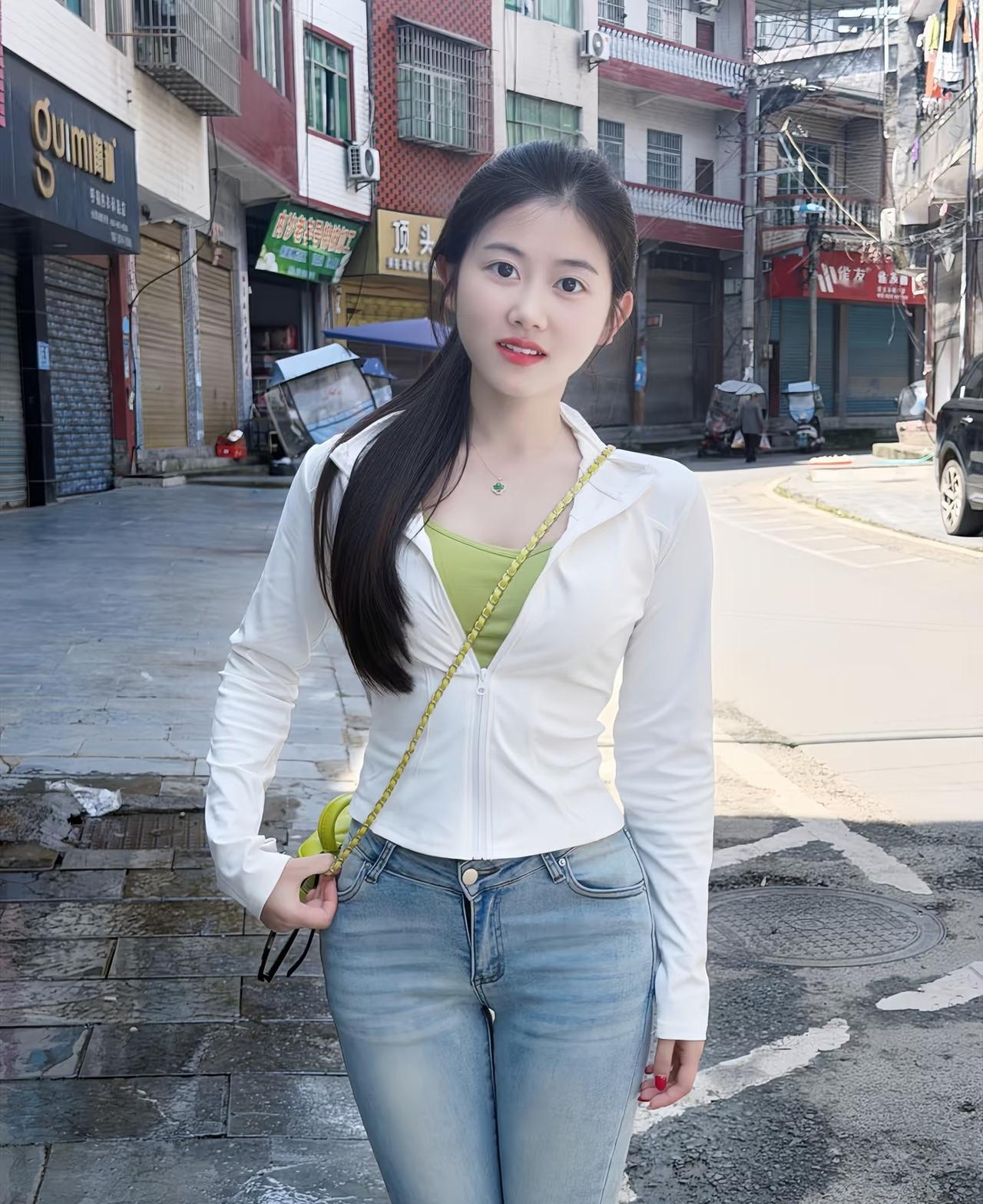 一个女孩站在街角，穿着白色外套和牛仔裤。