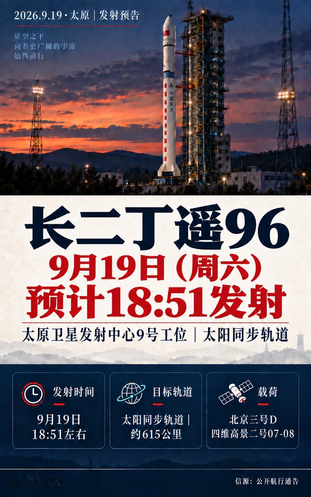 9月19日18时51分左右，长征二号丁遥96计划从太原卫星发射中心9号工位升空，