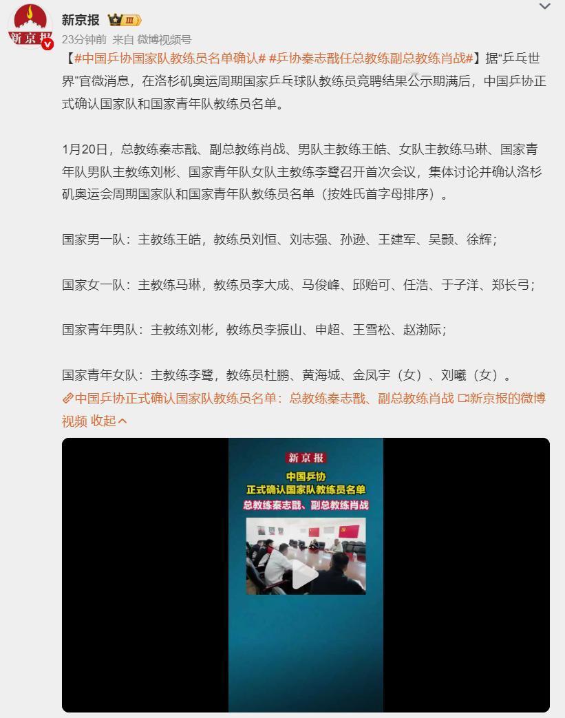 国乒教练名单正式确定，从这4方面看，洛杉矶奥运会冠军，稳了！1，架构稳定延续