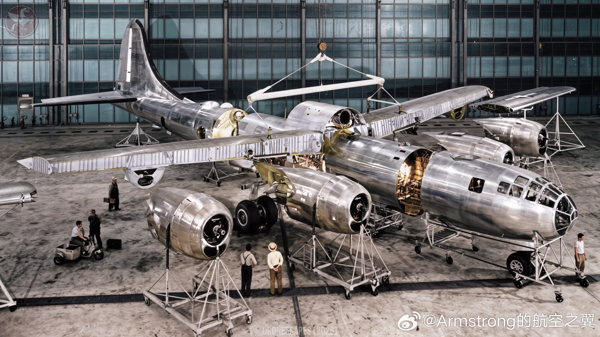 航空创作计划波音西雅图工厂在二战中搭建的B-29轰炸机分解示意图。在生产工艺中