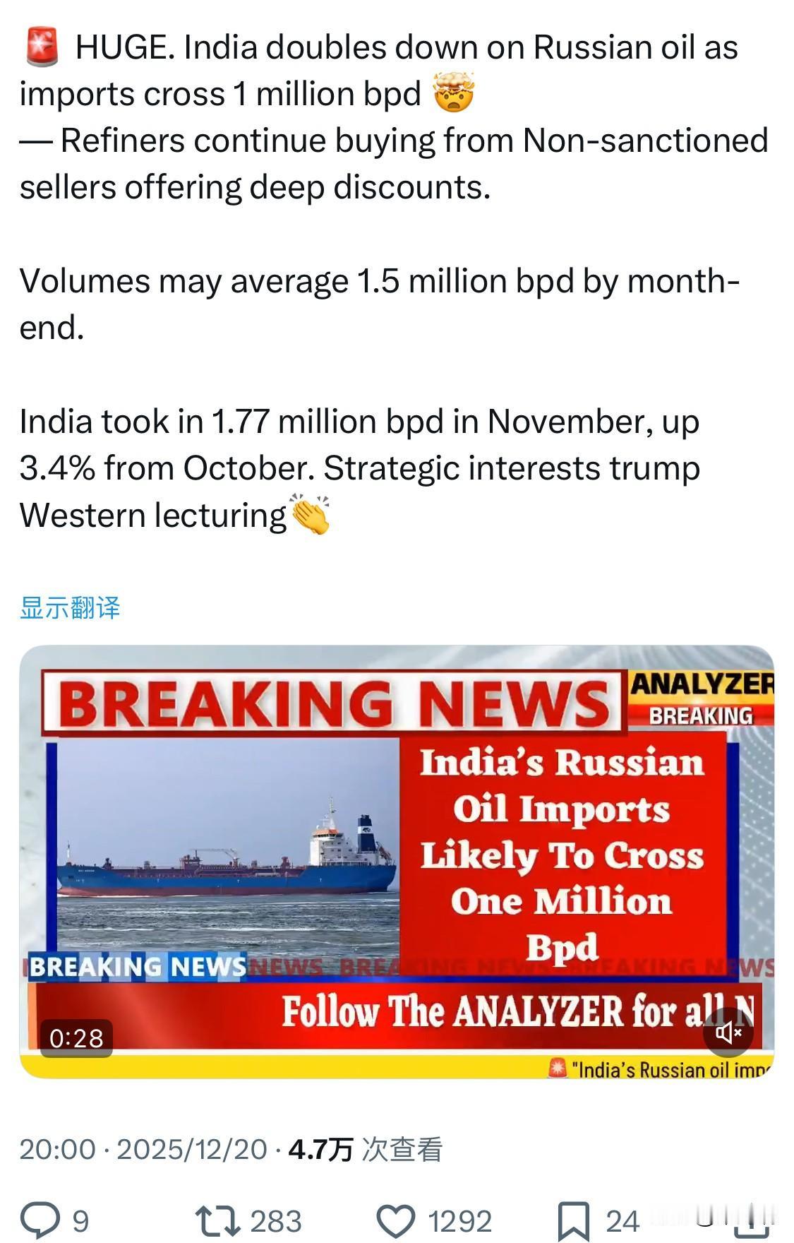 印度加倍依赖俄罗斯石油，进口量突破100万桶/日。—炼油厂商继续从未经制裁的