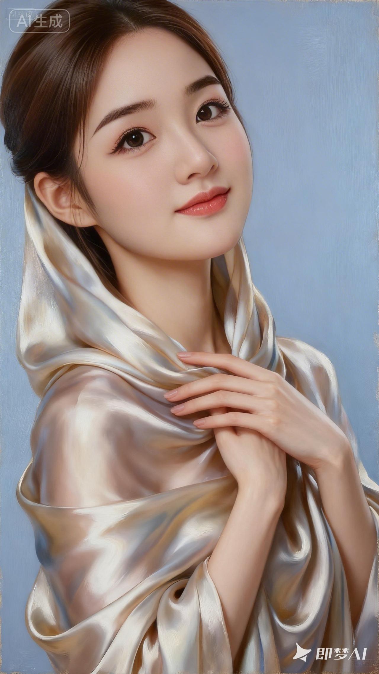 新年爱好打卡一只通体流转着柔和光泽的丝巾，拟人，变成美女，五官精致，妆容精致。