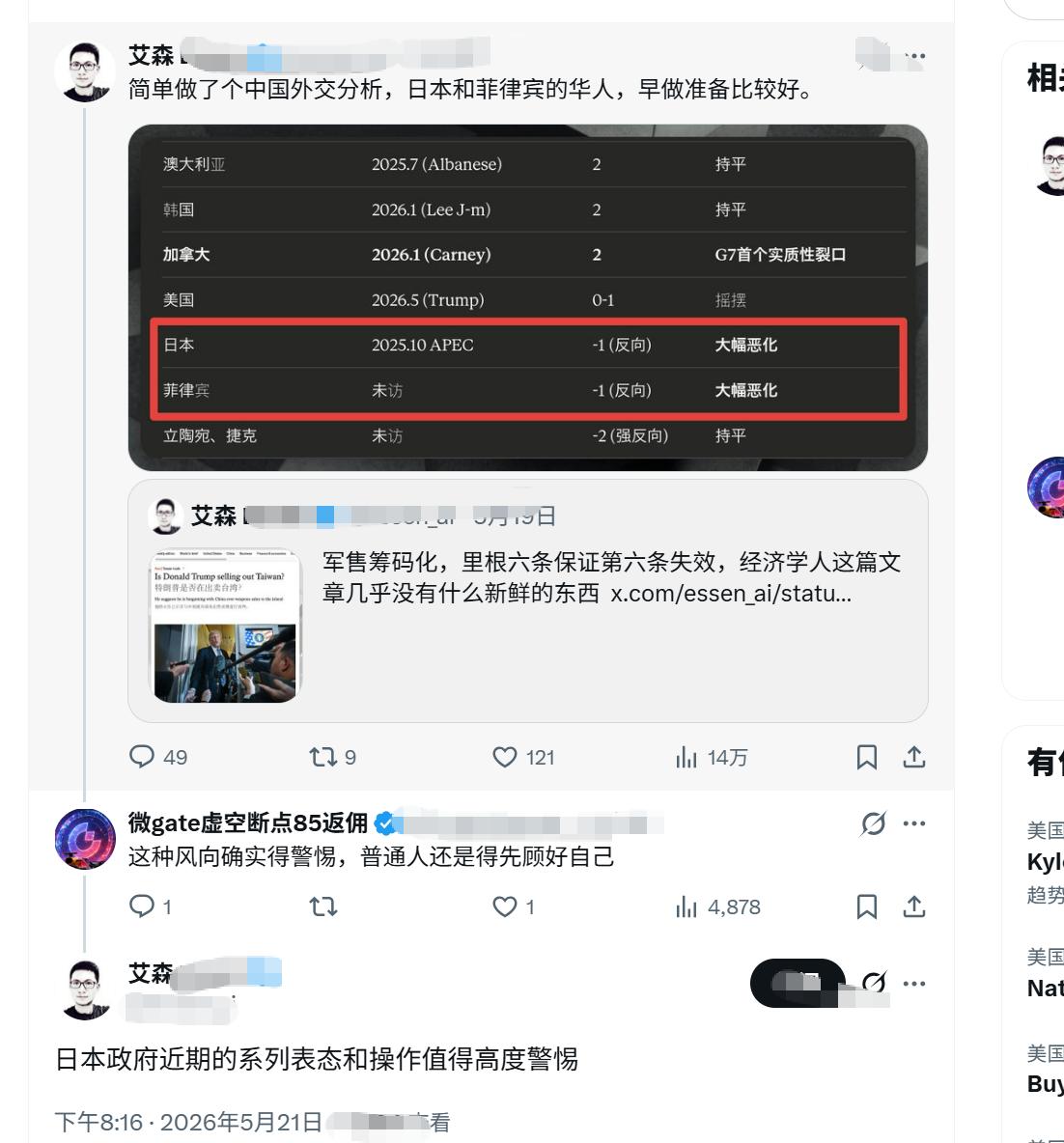 网友简单做了个外交分析，并警告日本和菲律宾的华人，早做准备比较好。