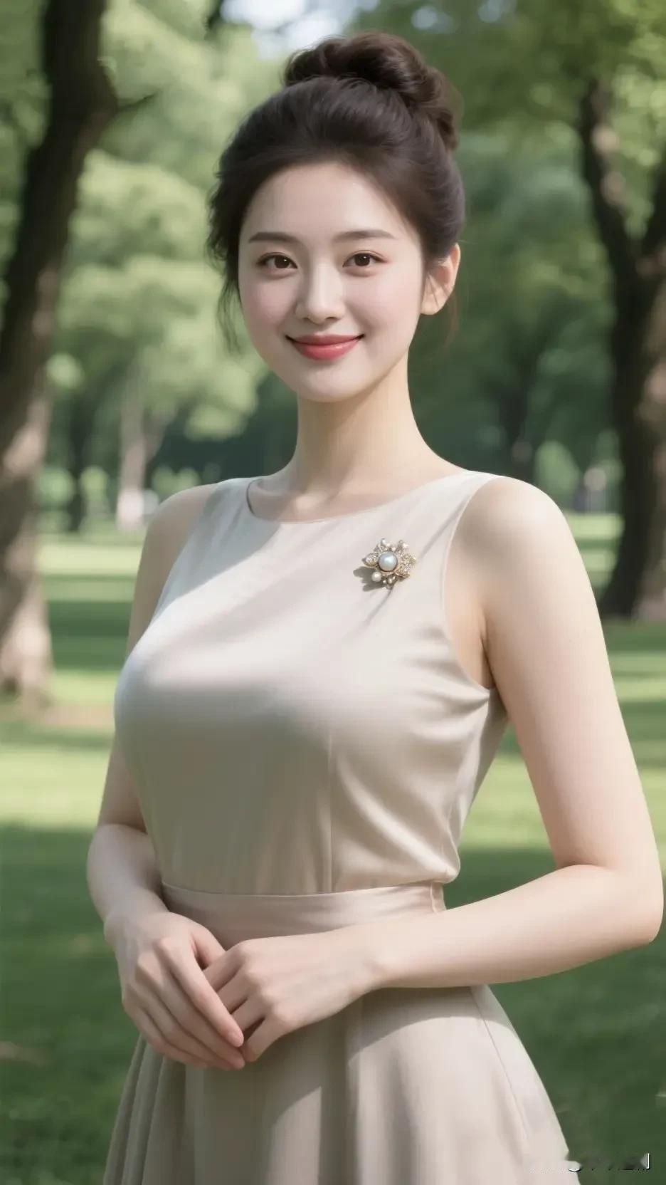 夏光漫过林梢，柔纱裙裹着风的轻软，胸针缀着细碎的光。她笑时，连空气都浸了层温温柔