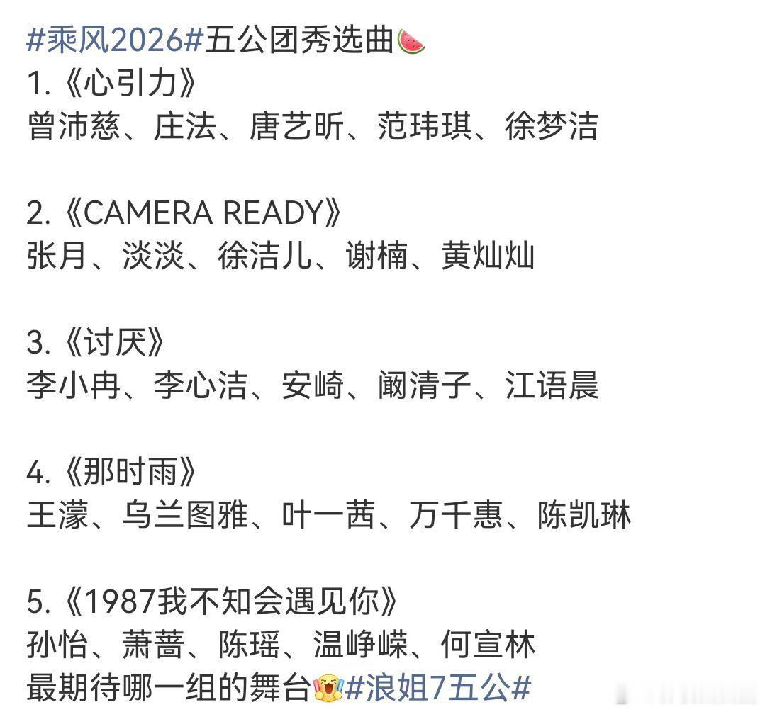 浪姐五公直播两天网传赛制调整五公分两晚播出，首日全员团秀竞技，次日双人合唱对决，