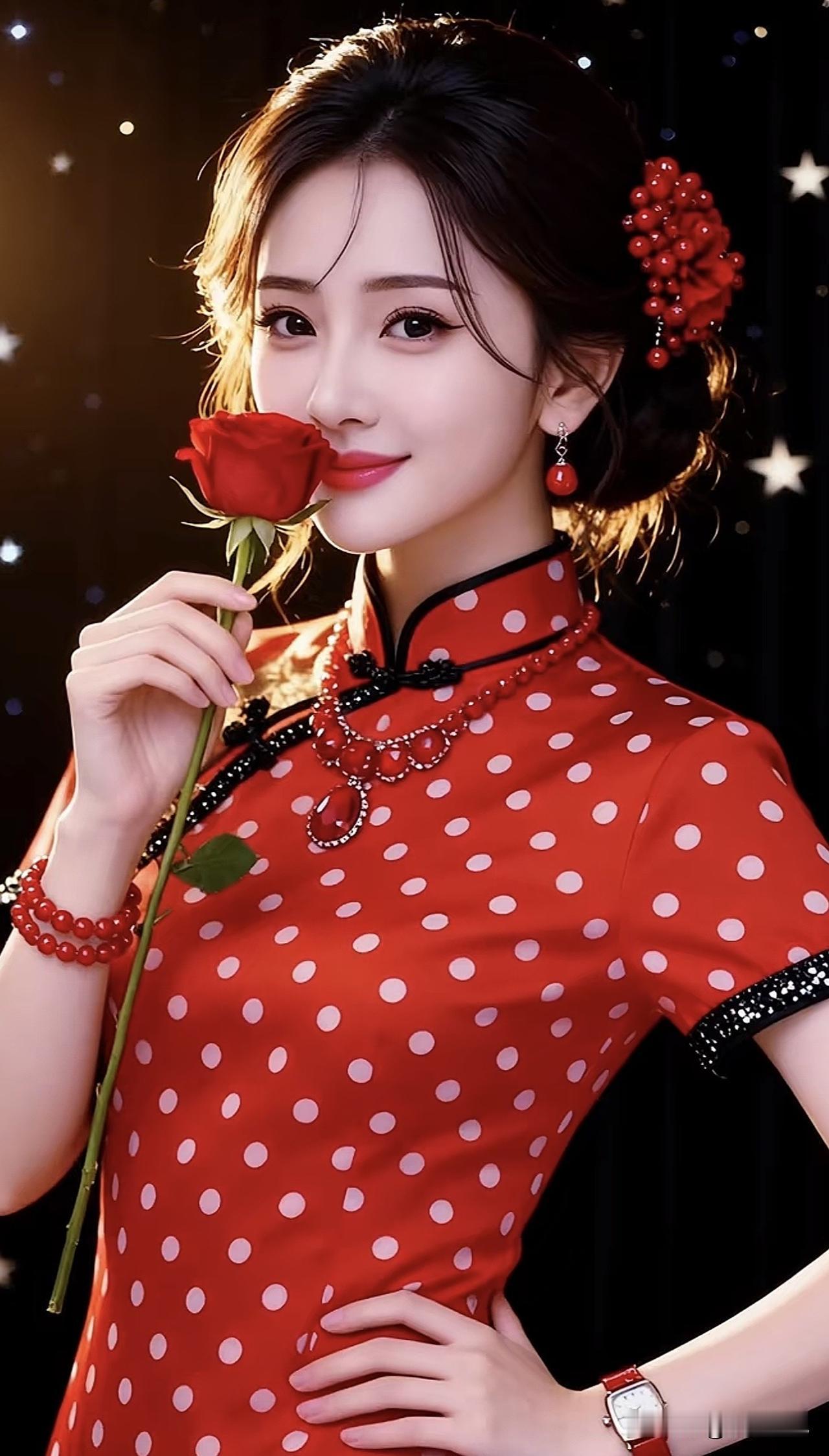 红衣美人持玫瑰，古典韵味显风姿。玫瑰红裙少女红衣女拍照红衣花朵红衣女拍照