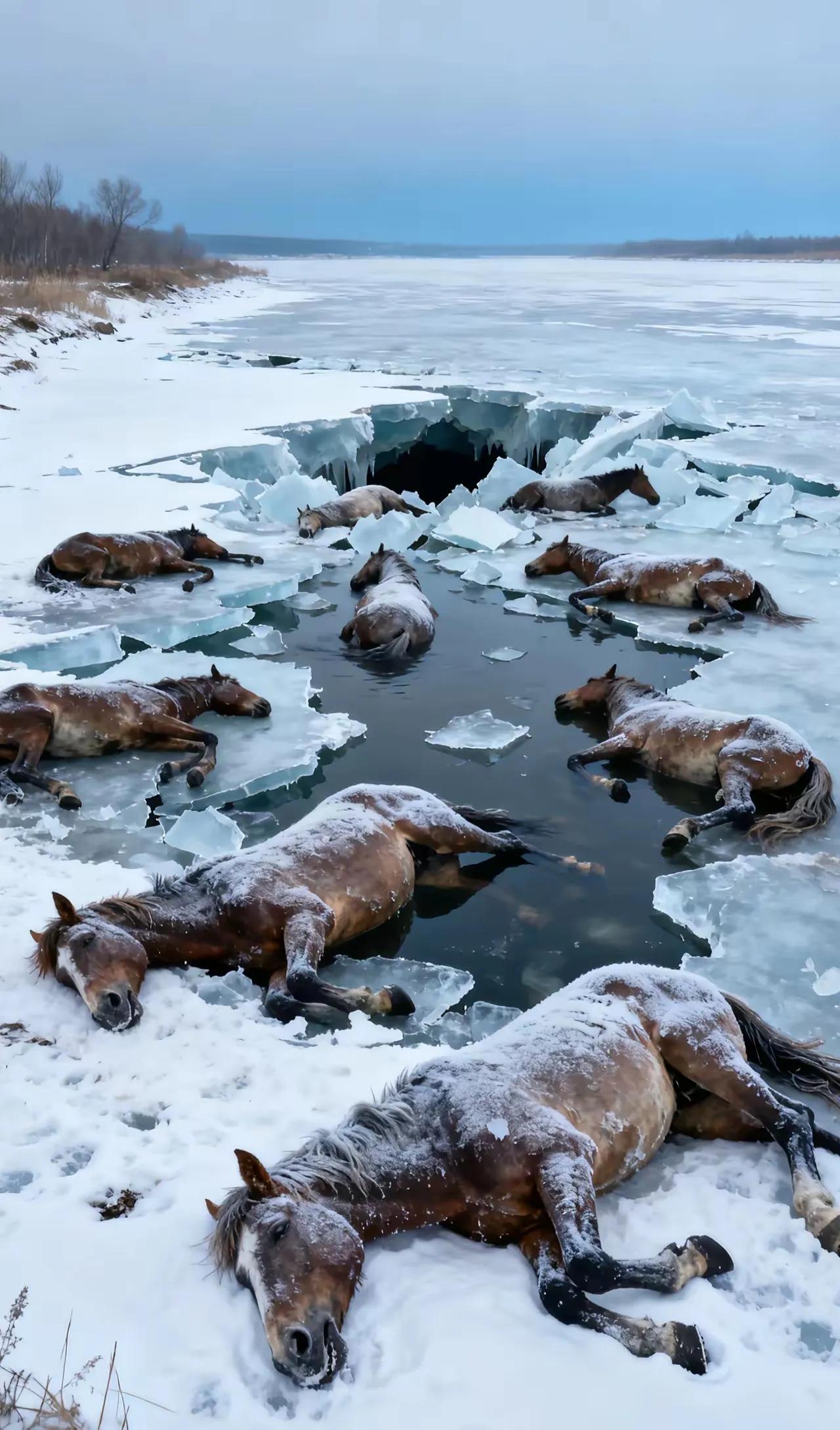 零下二三十度的黑龙江，13匹马冻在冰里的画面，看得人心里发紧！东风水库的冰