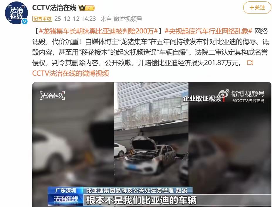 比亚迪又赢了一场官司，汽车自媒体大号“龙猪集车”被判赔208万，这个赔偿金额算是
