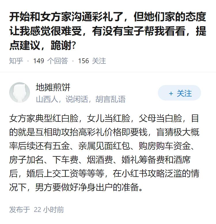开始和女方家沟通彩礼了，但她们家的态度让我感觉很难受，有没有宝子帮我看看，提点建