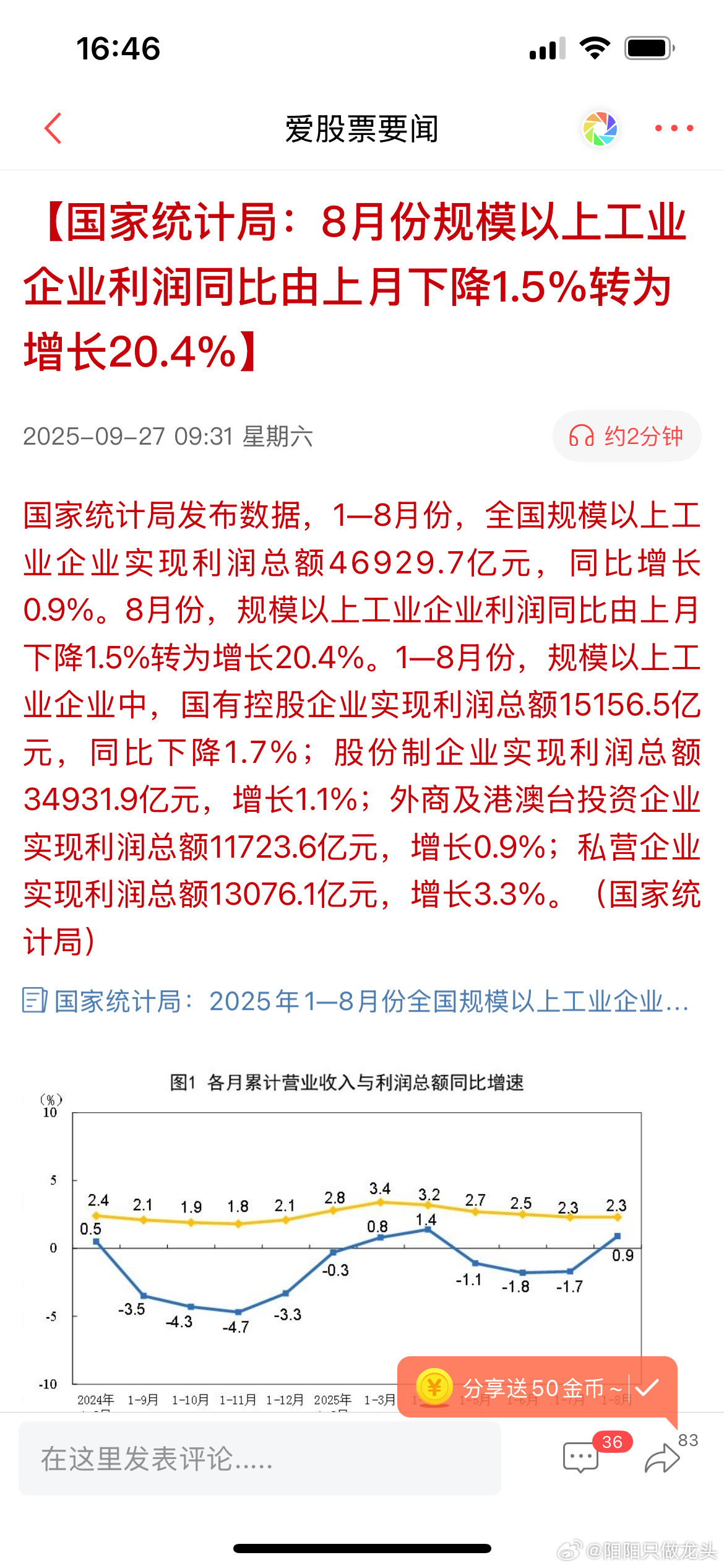 看到统计局数据，8月份工业企业利润，居然由7月-1.5%转为同比+20.4%，这