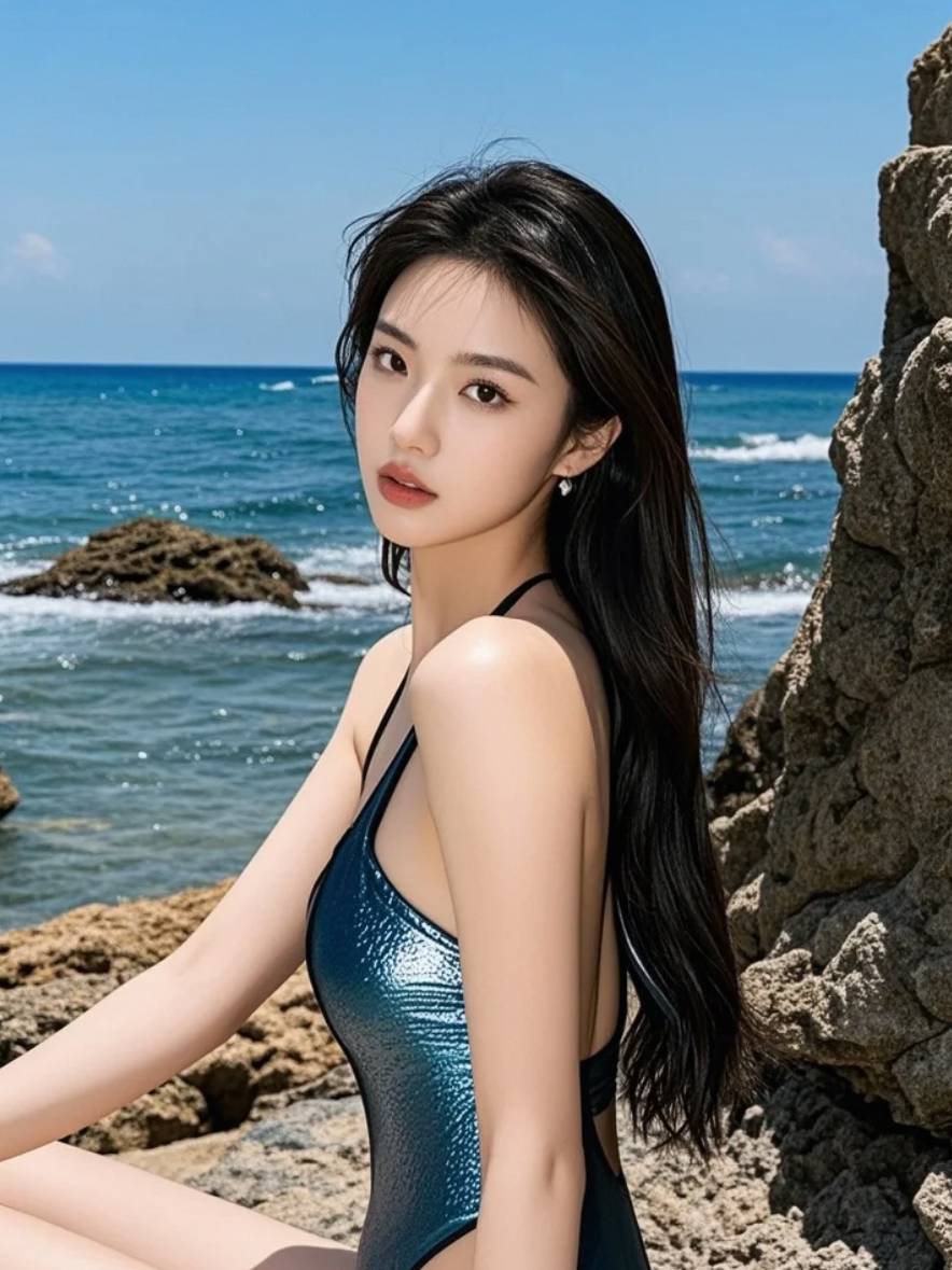 性感泳装美女在礁石边演绎性感大片