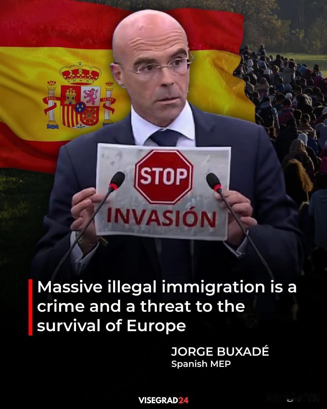 西班牙欧洲议会议员豪尔赫·布克萨德在欧洲议会举起这块牌子说：“大规模非法移民