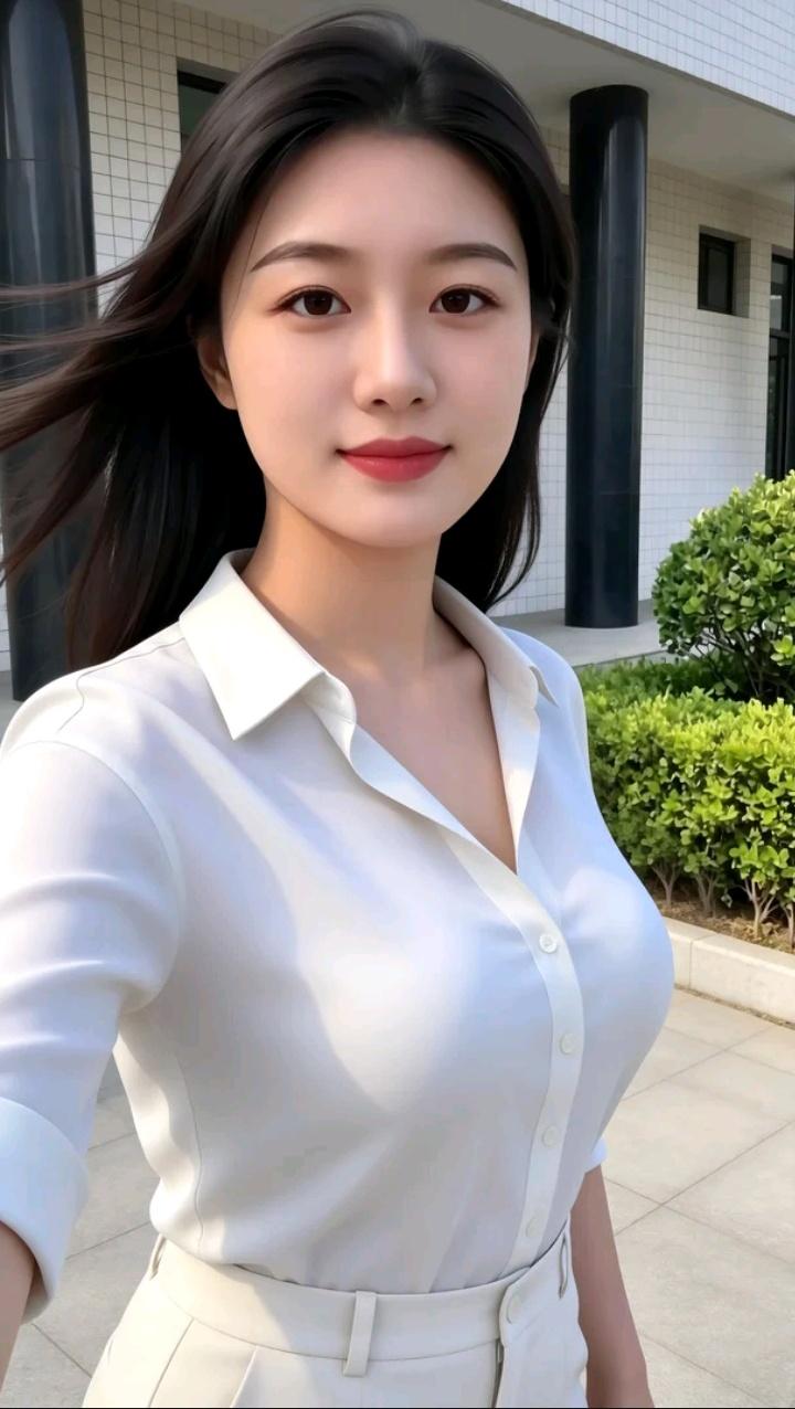 穿白衬衫的漂亮姑娘在户外。看看你手机里刚拍的漂亮花休闲文艺衬衫女知性白衬衫写