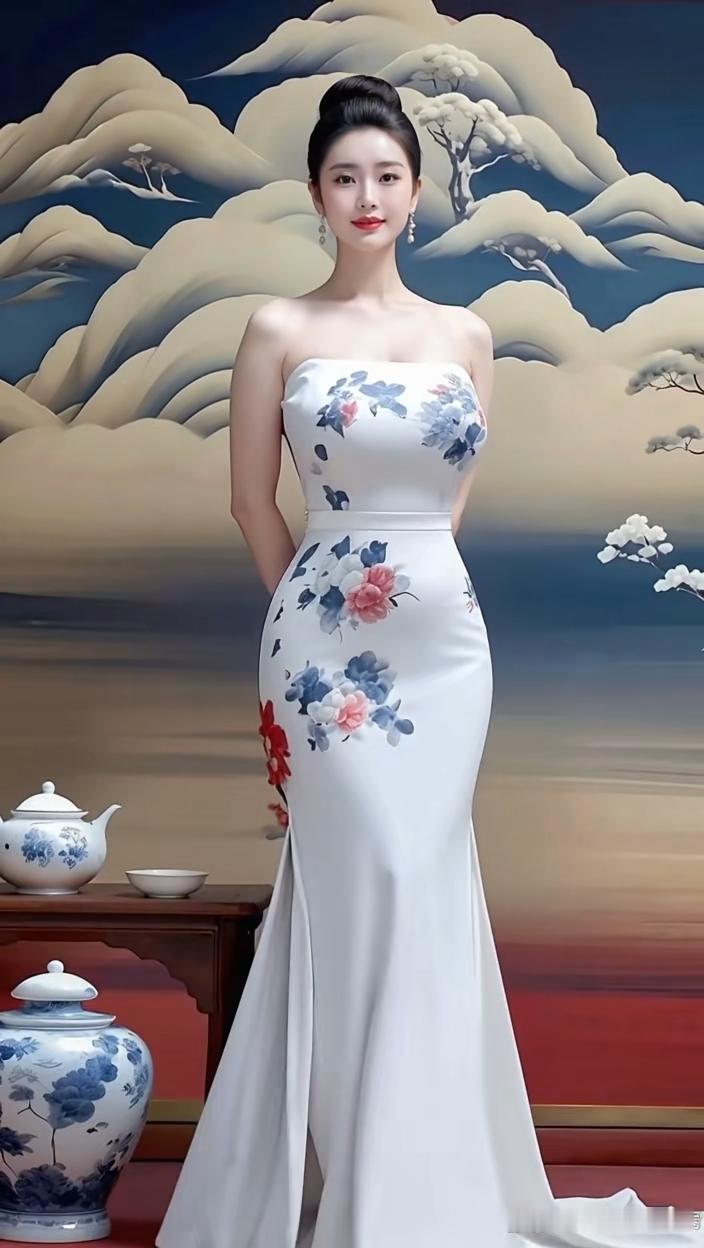 优雅东方韵味，白裙上的蓝花绽放着古典美。新中式白色长裙蓝花礼服照蓝花旗