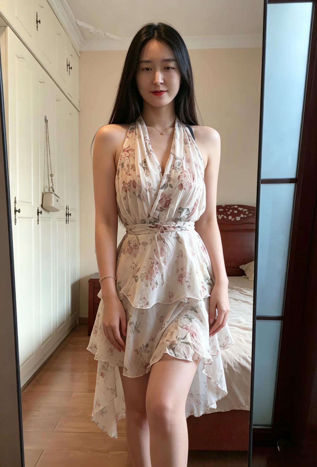 碎花轻曳挂罗襟，裙角翩跹意韵深。一室柔光添雅致，娉婷温婉动人心。
