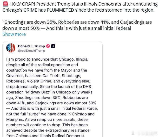 特朗普总统宣布，自从联邦执法力量进入该地区以来，芝加哥的犯罪率大幅下降。“枪击案