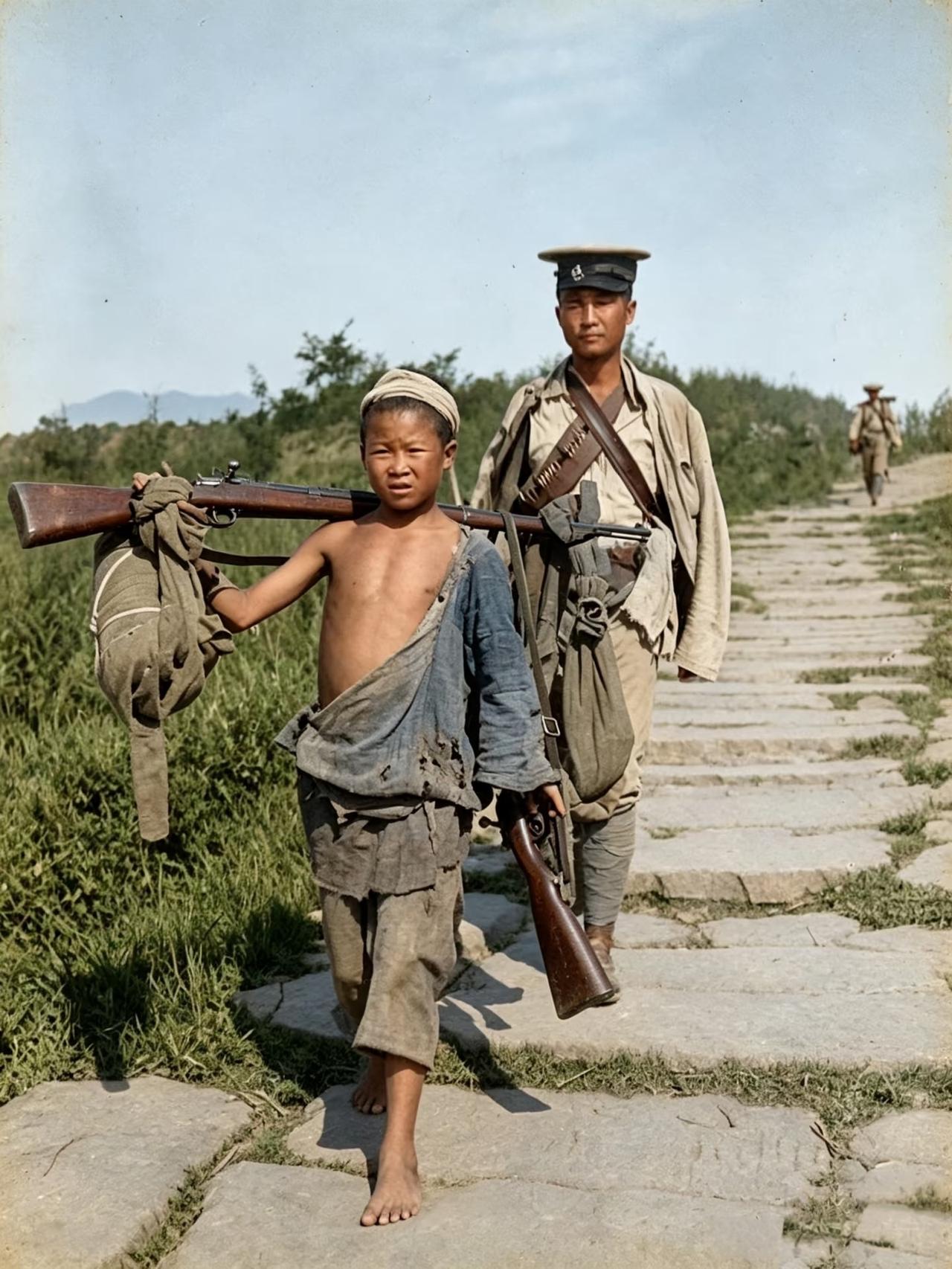 1918年，一个衣衫褴褛的川军娃娃兵扛着两把枪和两个包袱，后面的士兵却空着手，其