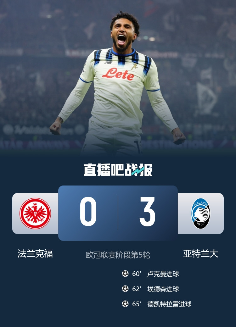 5分钟3球! 亚特兰大3-0法兰克福 卢克曼+德凯特拉雷双双传射