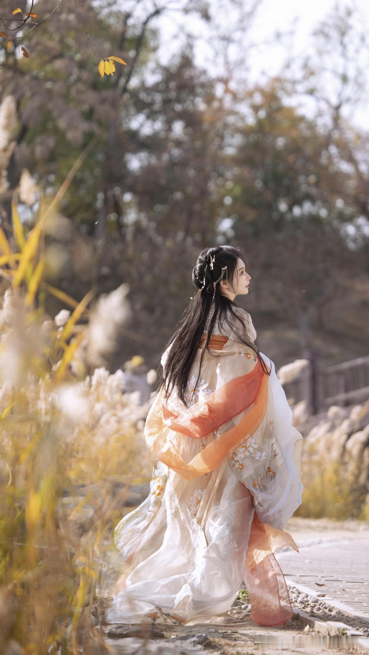 秋光正好，少女身着汉服漫步芦苇间，裙摆轻扬，仿佛从画卷中走出的温柔仙子。汉服少女