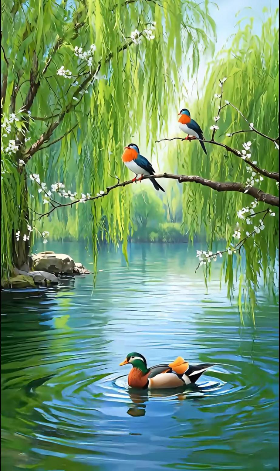 上联：池边闻鸟语下联：柳下观鱼游