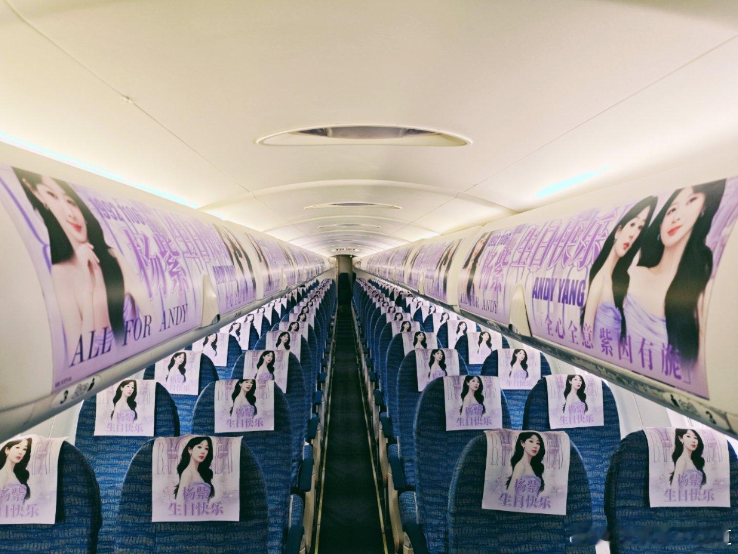 wow，杨紫生日应援，华夏航空包机应援，这满屏的紫色，好梦幻，坐飞机的人有福了。