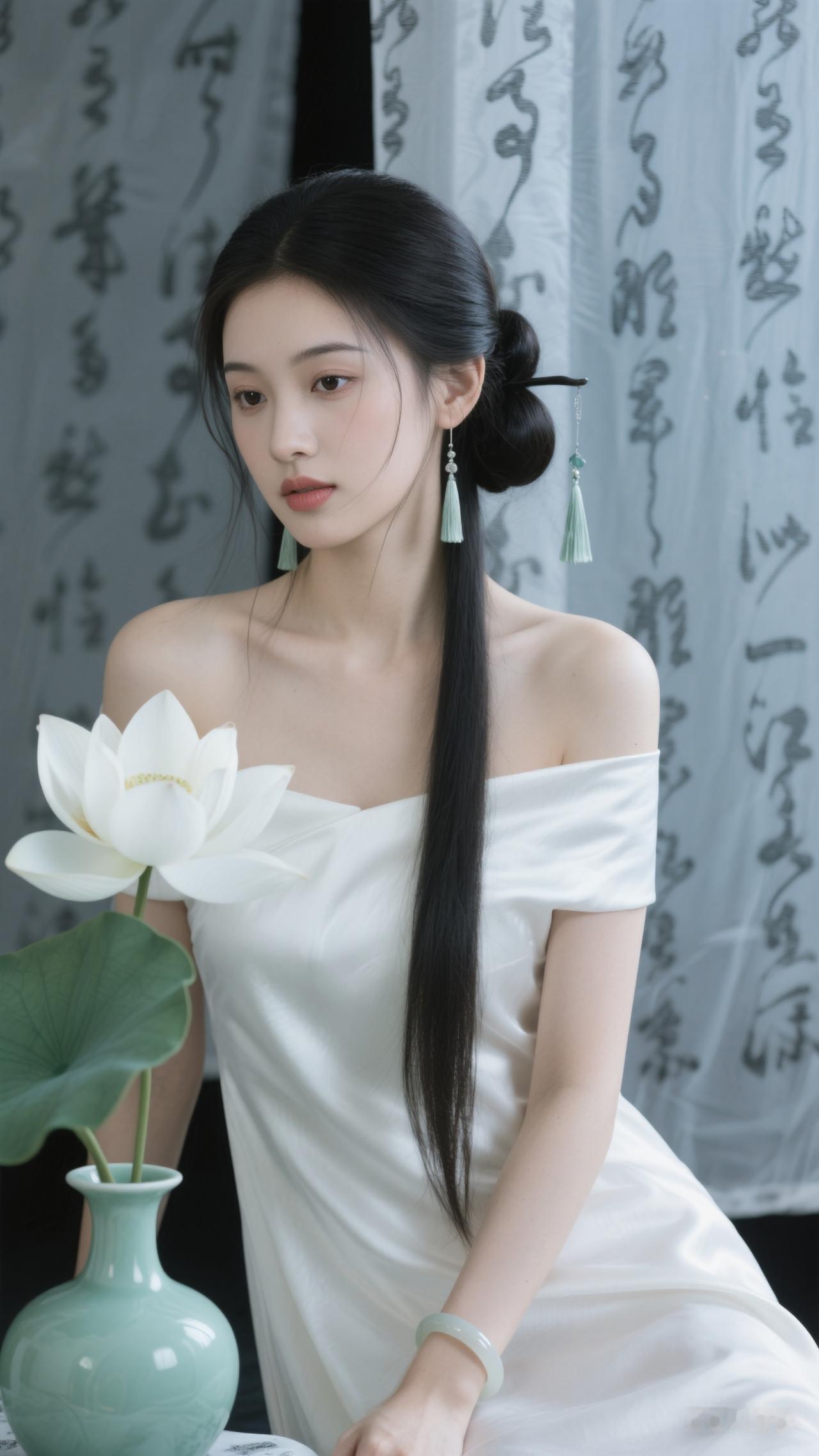 优雅女子乌黑长发盘起簪流苏，几缕青丝垂耳。柳叶眉下杏眼含雾、眼尾微扬，秀鼻朱唇线