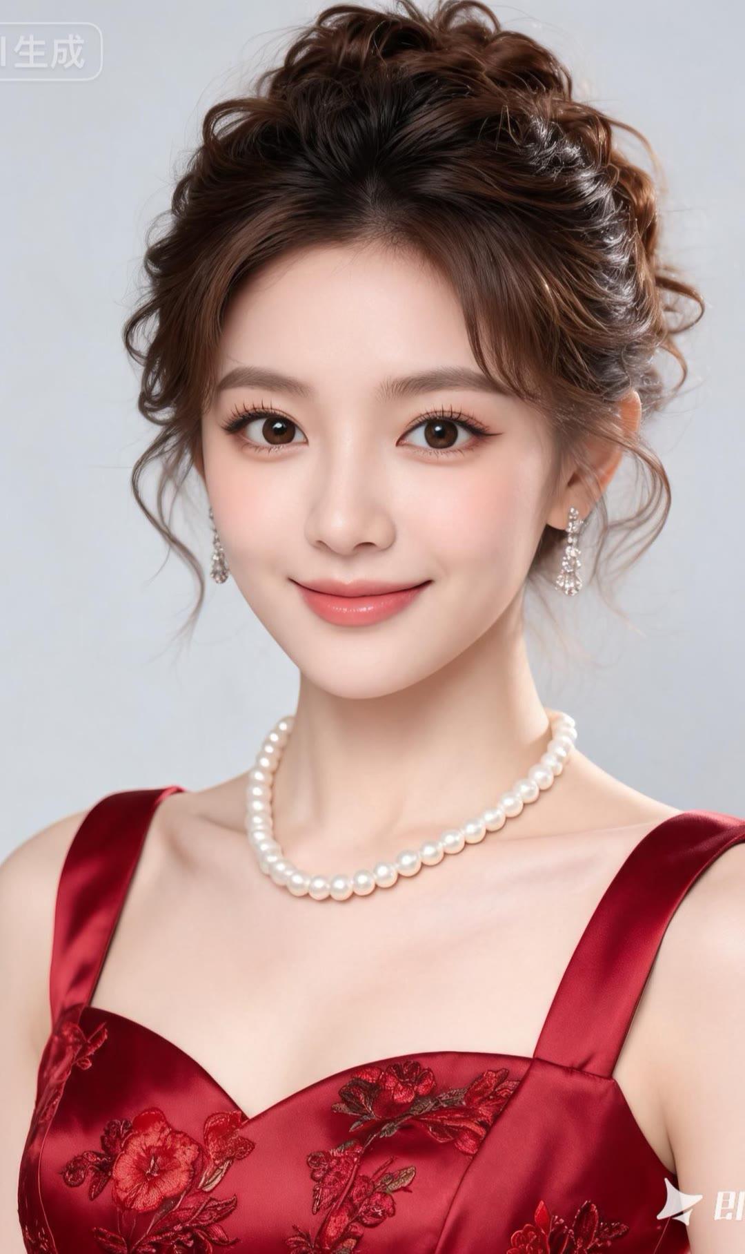 优雅红裙，珍珠闪耀，温柔微笑，女神范儿满满！💃✨