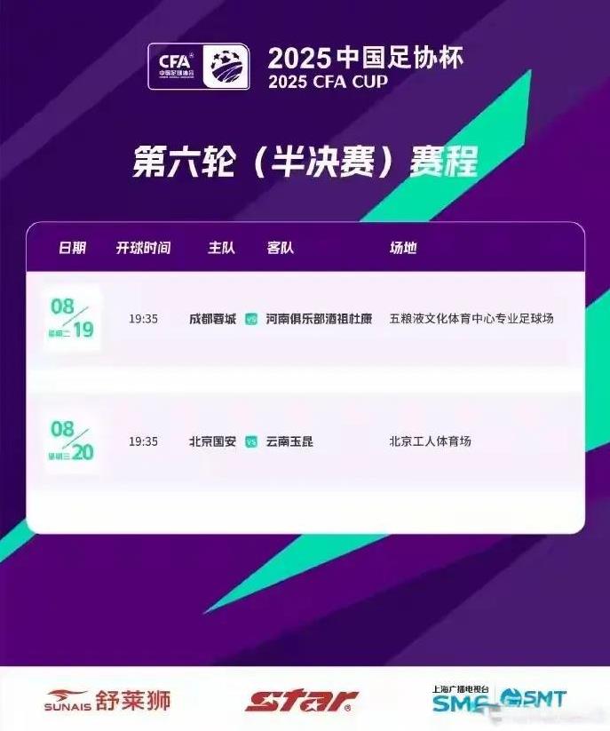 足协杯半决赛时间确定啦！8月19日晚19:35，成都蓉城将在五粮液文化体育中心