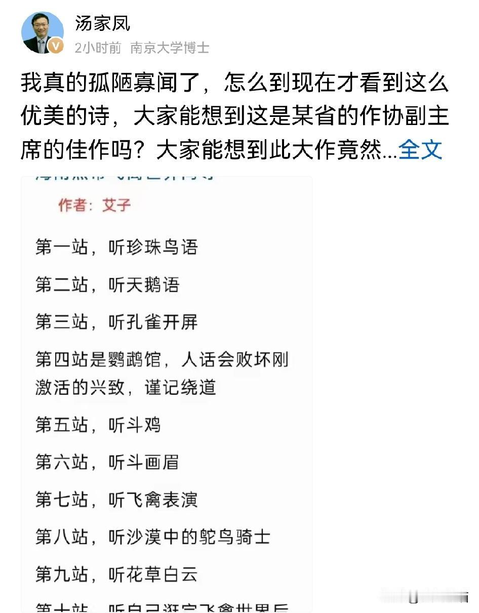 汤家凤手撕大剧又开始了！他发文看到那位省作协副主席的诗作，自己都懵了，实在没法